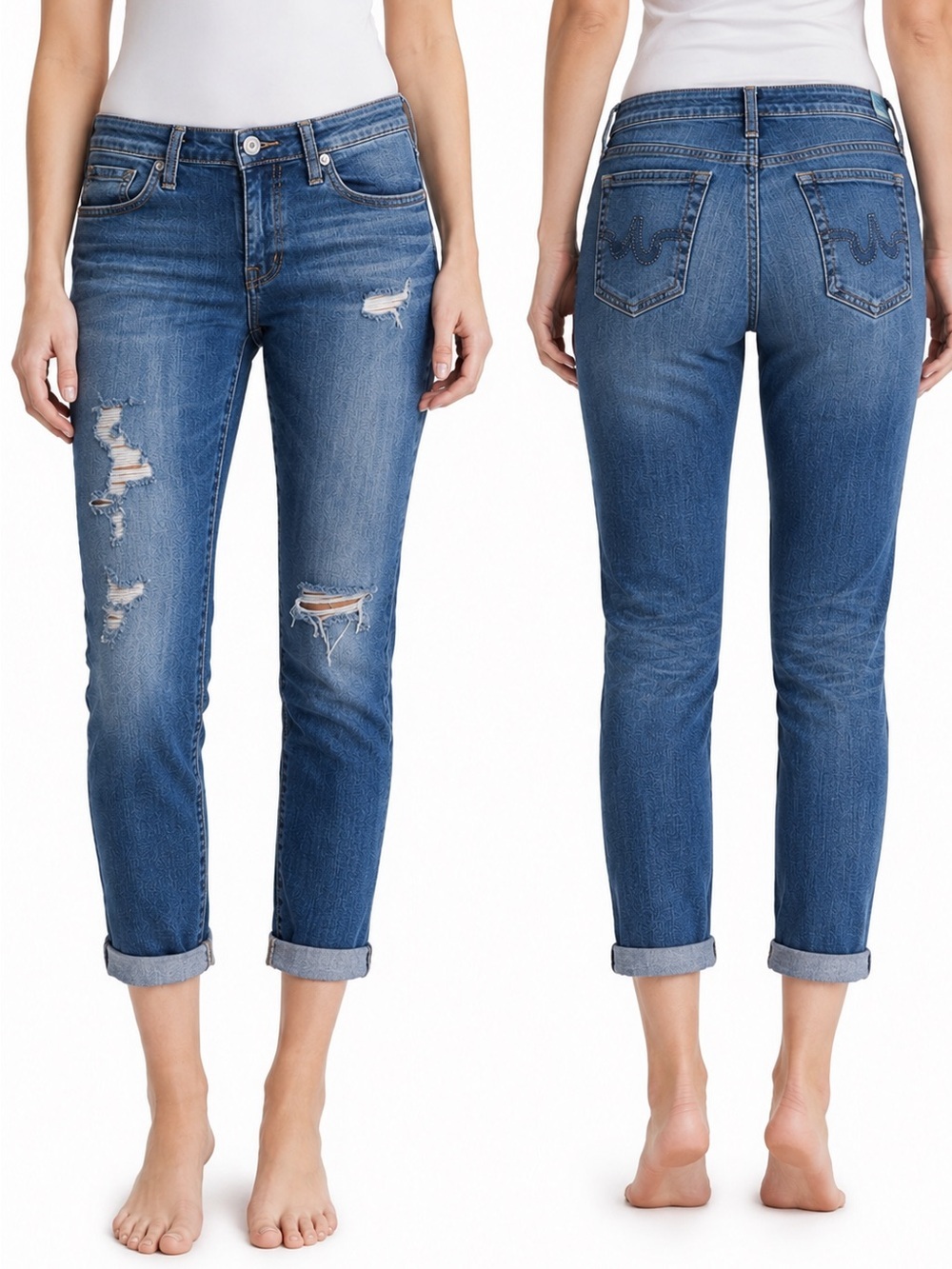 AG The Stilt Roll-Up Cigarette Roll-Up Jeans Size 27 Distressed Blue